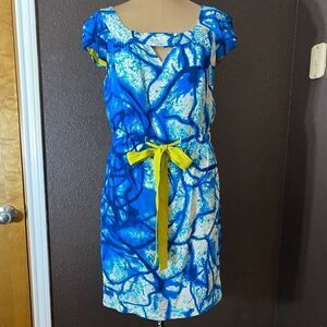 Yoana baraschi blue white batik style splash silk dress with chartreuse belt
